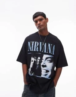 Topman Oversized Fit T-shirt With Nirvana Print In Washed Black For Men