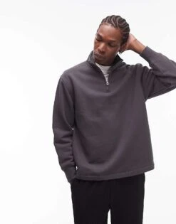 Topman 1/4 Zip Sweatshirt In Charcoal For Men