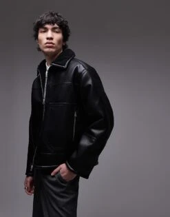 Topman Faux Leather Shearling Jacket With Pocket Detail In Black For Men -Daily Wardrobe Shop 206513553 1 black 1