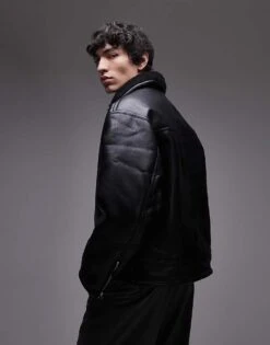 Topman Faux Leather Shearling Jacket With Pocket Detail In Black For Men -Daily Wardrobe Shop 206513553 3