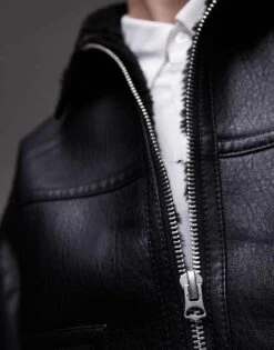 Topman Faux Leather Shearling Jacket With Pocket Detail In Black For Men -Daily Wardrobe Shop 206513553 4