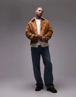 Topman Suedette Shearling Jacket For Men Tan