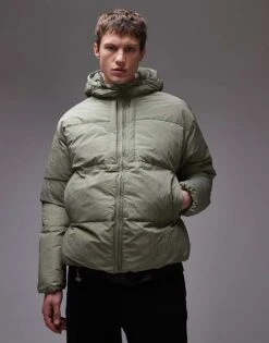 Topman Textured Hooded Puffer Jacket In Sage For Men -Daily Wardrobe Shop 206513572 1 sage 1