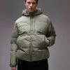 Topman Textured Hooded Puffer Jacket In Sage For Men -Daily Wardrobe Shop 206513572 1 sage