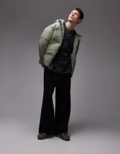 Topman Textured Hooded Puffer Jacket In Sage For Men -Daily Wardrobe Shop 206513572 2