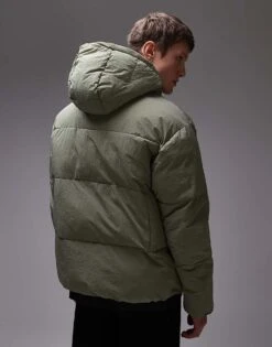 Topman Textured Hooded Puffer Jacket In Sage For Men -Daily Wardrobe Shop 206513572 4