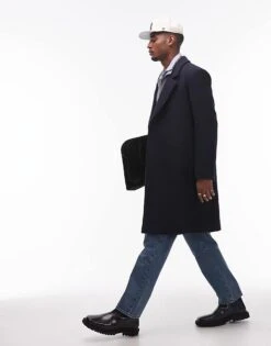 Topman Relaxed Single Breasted Overcoat In Navy For Men -Daily Wardrobe Shop 206513607 1 navy 1