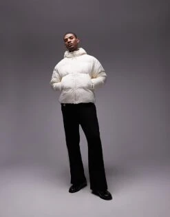 Topman Textured Hooded Puffer Jacket In Ecru For Men
