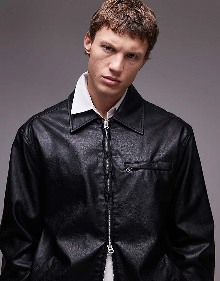 Topman Faux Leather Shacket In Black For Men 4 Topman Faux Leather Shacket In Black For Men - Image 2