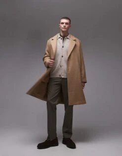 Topman Realxed Fit Single Breasted Overcoat In Camel For Men
