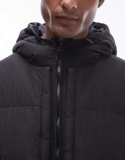 Topman Textured Hooded Puffer Jacket In Black For Men -Daily Wardrobe Shop 206513734 3