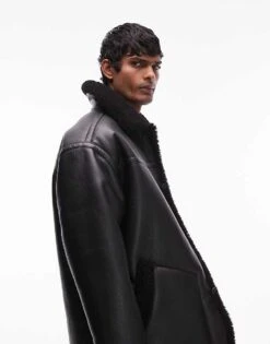 Topman Faux Shearling Jacket With Shearling Collar In Black For Men -Daily Wardrobe Shop 206513845 1 black 1