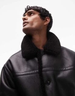 Topman Faux Shearling Jacket With Shearling Collar In Black For Men -Daily Wardrobe Shop 206513845 3