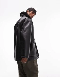 Topman Faux Shearling Jacket With Shearling Collar In Black For Men -Daily Wardrobe Shop 206513845 4