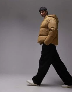 Topman Textured Hooded Puffer Jacket In Mustard For Men