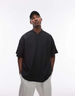 Topman Oversized Fit V Neck Plisse T-shirt In Black For Men