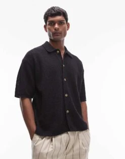 Topman Button Through Crochet Shirt In Black For Men