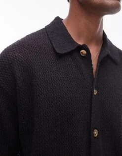 Topman Button Through Crochet Shirt In Black For Men -Daily Wardrobe Shop 206527842 3