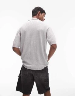 Topman Relaxed Fit Knitted Textured Button Through Shirt In Grey For Men -Daily Wardrobe Shop 206527866 3