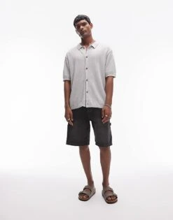 Topman Relaxed Fit Knitted Textured Button Through Shirt In Grey For Men -Daily Wardrobe Shop 206527866 4
