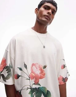 Topman Premium Extreme Oversized Fit T-shirt With All Over Floral Print In Ecru For Men -Daily Wardrobe Shop 206536047 1 ecru 1