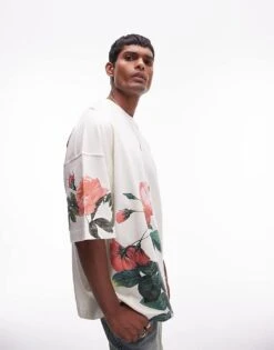 Topman Premium Extreme Oversized Fit T-shirt With All Over Floral Print In Ecru For Men -Daily Wardrobe Shop 206536047 2