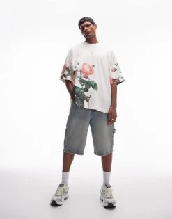 Topman Premium Extreme Oversized Fit T-shirt With All Over Floral Print In Ecru For Men -Daily Wardrobe Shop 206536047 4