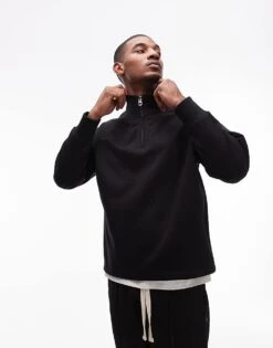 Topman Premium Heavyweight Oversized 1/4 Zip Sweatshirt In Black For Men
