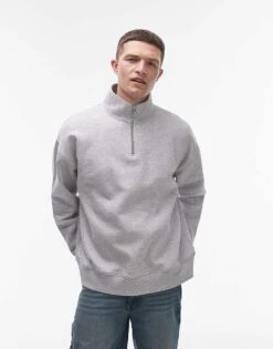 Topman Premium Heavyweight Oversized 1/4 Zip Sweatshirt In Grey Marl For Men