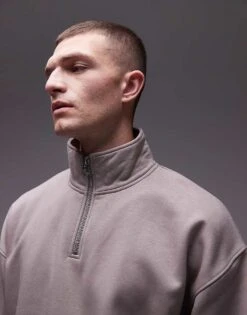 Topman Premium Heavyweight Oversized 1/4 Zip Sweatshirt In Stone For Men -Daily Wardrobe Shop 206543517 2
