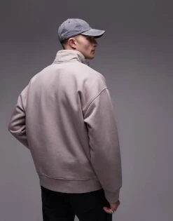 Topman Premium Heavyweight Oversized 1/4 Zip Sweatshirt In Stone For Men -Daily Wardrobe Shop 206543517 4