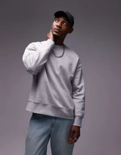 Topman Premium Heavyweight Oversized Sweatshirt In Grey Marl For Men -Daily Wardrobe Shop 206543529 4