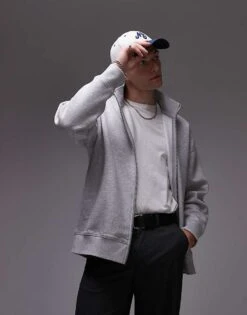 Topman Premium Heavyweight Full Zip Funnel Sweatshirt In Grey Marl For Men