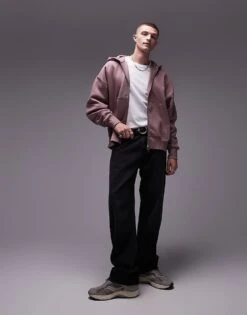 Topman Premium Heavyweight Oversized Full Zip Hoodie In Light Brown For Men -Daily Wardrobe Shop 206543762 3