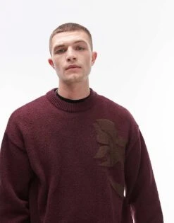 Topman Oversized Jumper With Floral Jacquard In Burgundy For Men