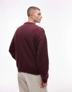 Topman Oversized Jumper With Floral Jacquard In Burgundy For Men -Daily Wardrobe Shop 206553821 4
