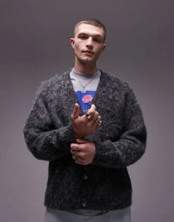 Topman Relaxed Fit Fluffy Cardigan In Grey Texture For Men Purple And Grey -Daily Wardrobe Shop 206553861 1 purpleandgrey 1