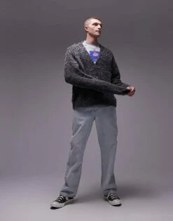 Topman Relaxed Fit Fluffy Cardigan In Grey Texture For Men Purple And Grey -Daily Wardrobe Shop 206553861 3