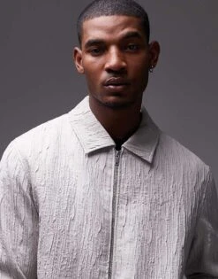 Topman Premium Textured Harrington Jacket In Stone For Men -Daily Wardrobe Shop 206554558 4