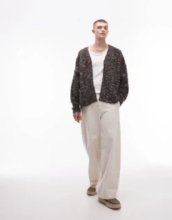 Topman Relaxed Fit Boucle Pattern Cardigan In Brown For Men