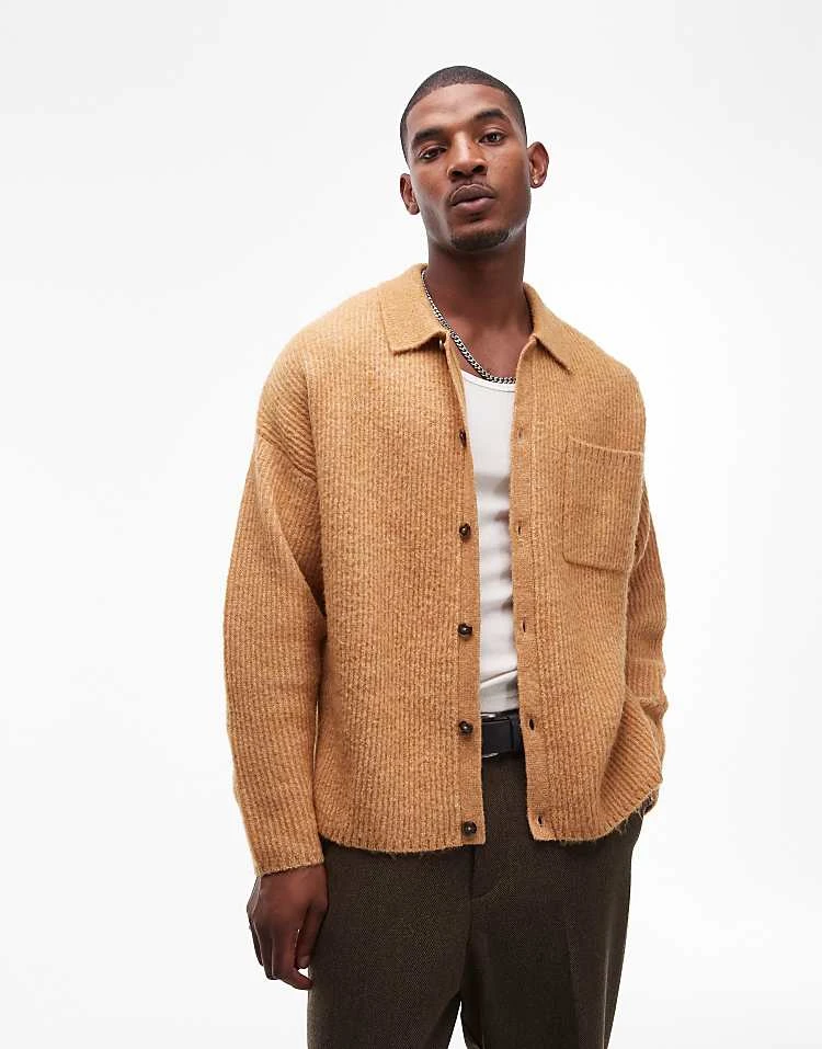 Topman Relaxed Fit Brushed Collared Cardigan In Mustard For Men 6 Topman Relaxed Fit Brushed Collared Cardigan In Mustard For Men - Image 5