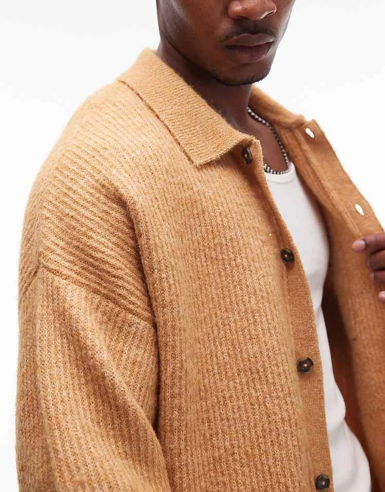 Topman Relaxed Fit Brushed Collared Cardigan In Mustard For Men 4 Topman Relaxed Fit Brushed Collared Cardigan In Mustard For Men - Image 3