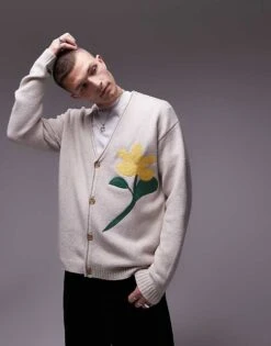 Topman Cardigan In Ecru With Flower Embroidery For Men
