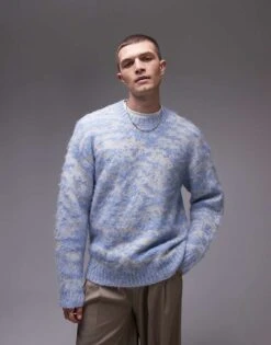 Topman Oversized Brushed Jumper In Blue Animal Print For Men Mid Blue