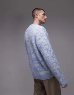 Topman Oversized Brushed Jumper In Blue Animal Print For Men Mid Blue -Daily Wardrobe Shop 206568795 4