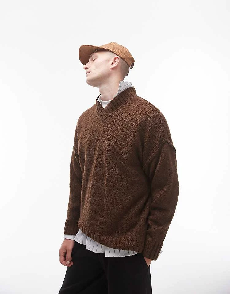 Topman Oversized V Neck Jumper In Brown With Exposed Seam For Men 3 Topman Oversized V Neck Jumper In Brown With Exposed Seam For Men