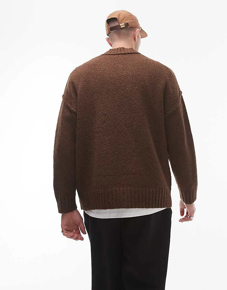 Topman Oversized V Neck Jumper In Brown With Exposed Seam For Men 6 Topman Oversized V Neck Jumper In Brown With Exposed Seam For Men - Image 4