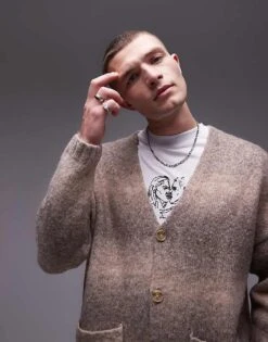 Topman Oversized Brushed Ombre Cardigan In Ecru For Men -Daily Wardrobe Shop 206568827 1 ecru 1