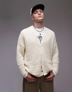 Topman Knitted Crochet Cardigan With In Ecru For Men