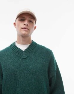 Topman Oversized V Neck Jumper In Green With Exposed Seam For Men